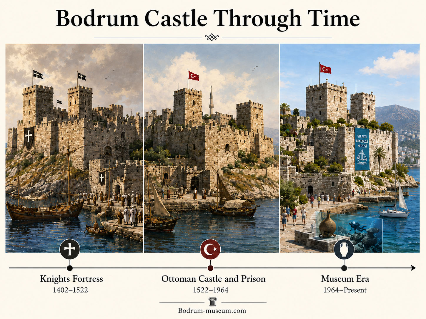Bodrum Castle through time illustration - Bodrum-museum.com